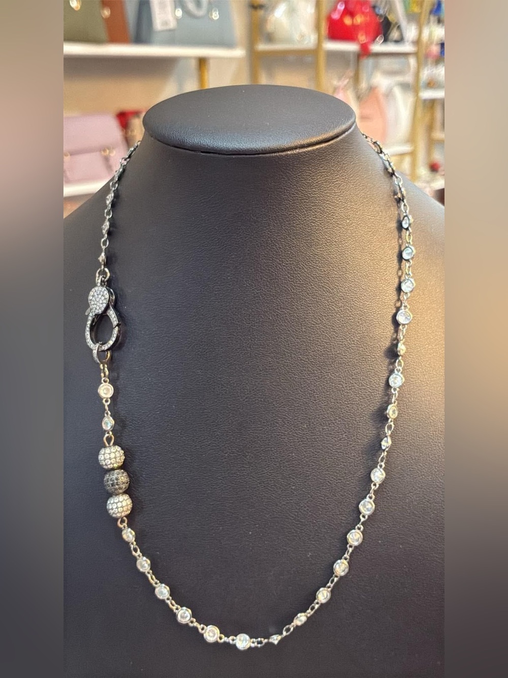 Pave Bead & Crystal Station Long Necklace - Silver